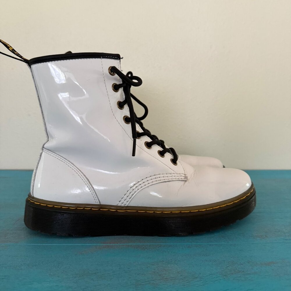 Dr. Martens Zavala Combat Boots White Patent Leather Size M 8/ W 9
